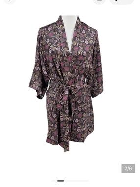 Victoria's Secret Black Satin Kimono Robe with Pink Floral and Paisley Print